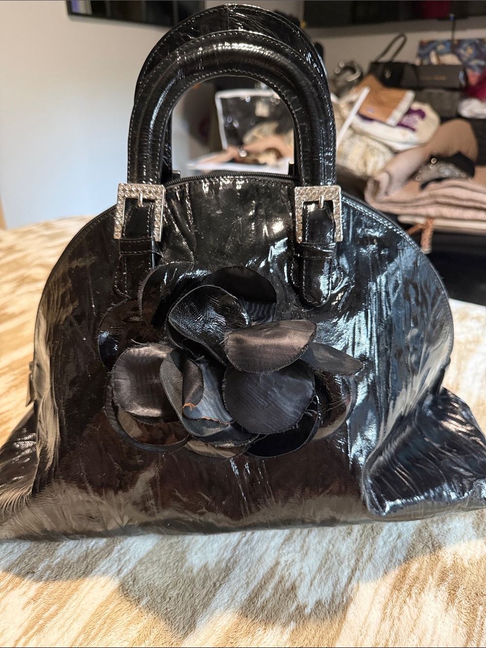 Renato Angi Black Patent Satchel with Floral Applique